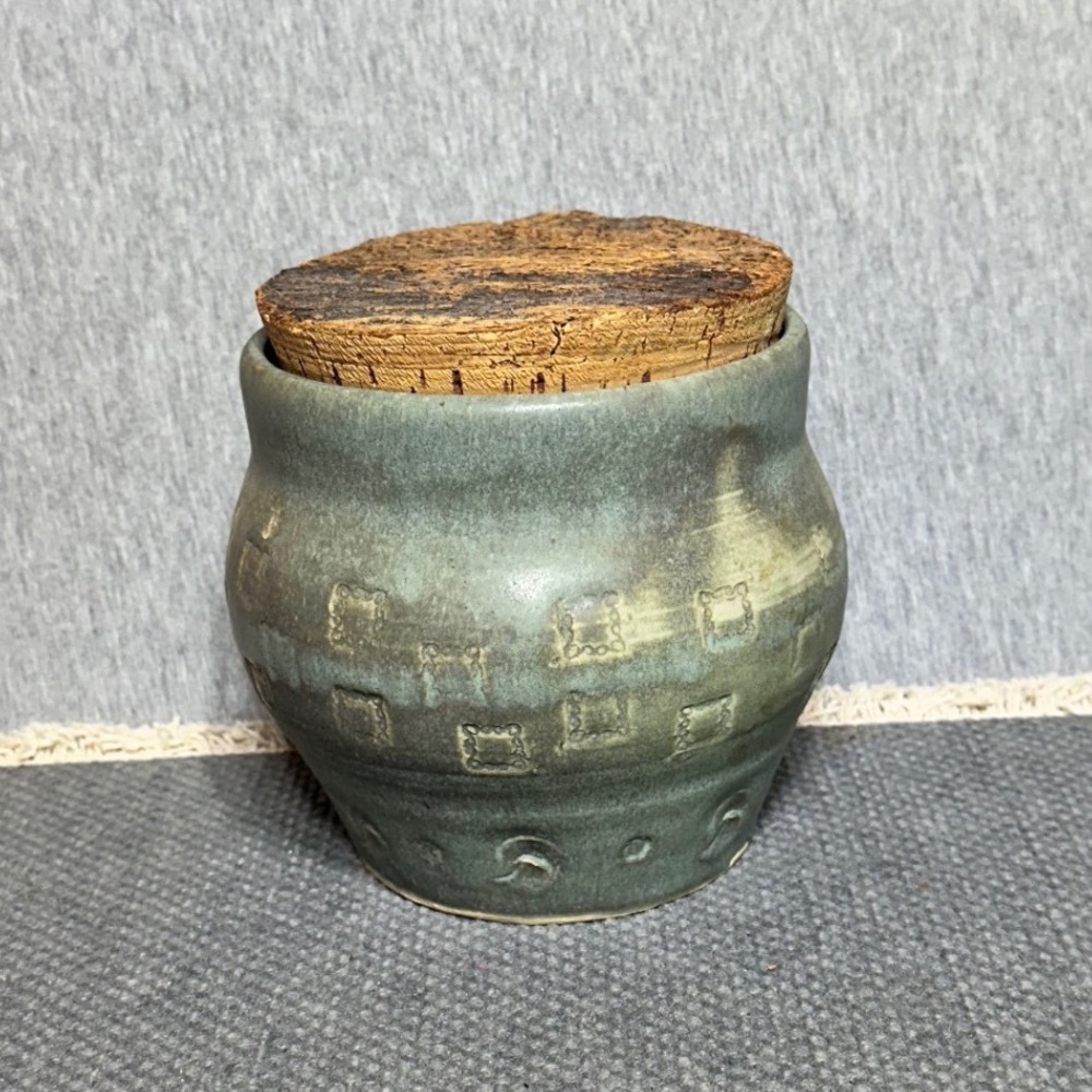 Vintage Signed Studio Pottery Jar with Cork Lid Green Gray Stamped Stoneware
